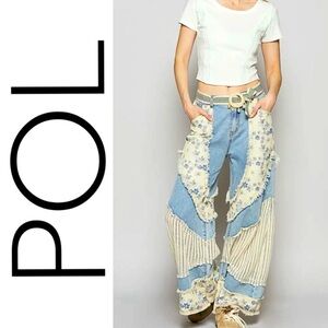 POL Patchwork Blue Floral Print Denim with Crochet Patches Wide Leg Size L NWOT
